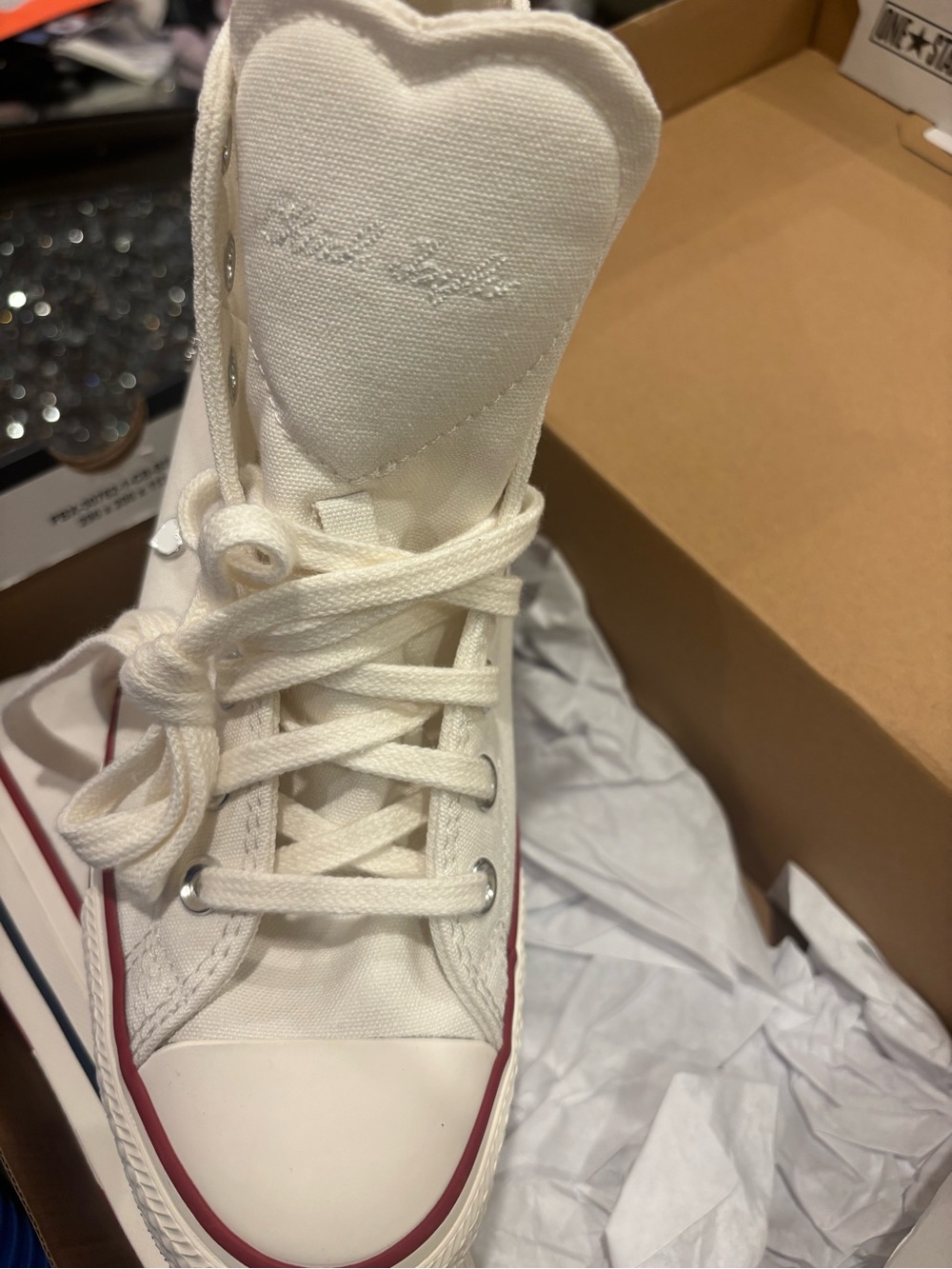 Converse White High Top Sneakers with Red & White Heart Studs - Picture 6 of 8